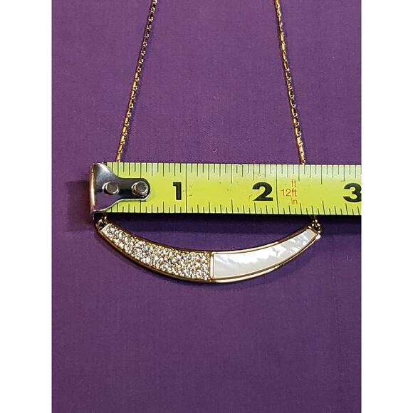 Crescent Bar Pendant Choker Chain Necklace Rhinestones & MOP Shell In Gold Tone - Picture 5 of 8